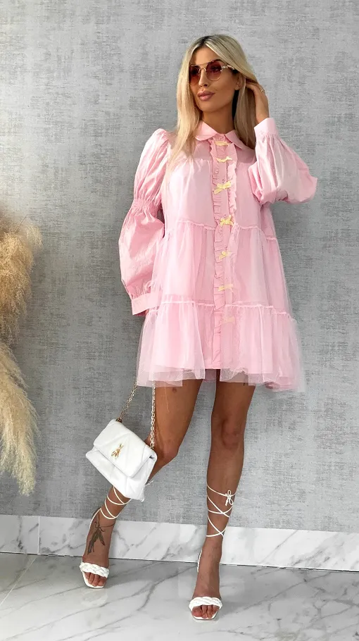 Słodka pastelowa sukienka z tiulem i kokardkami ONE SIZE pink - R478