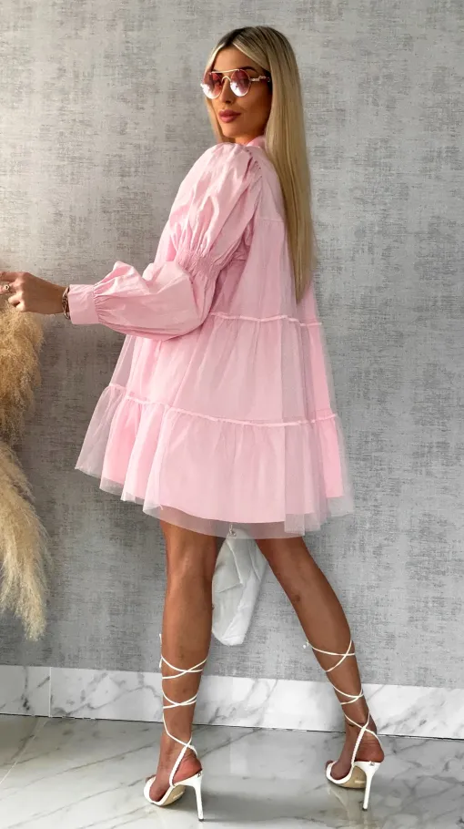 Słodka pastelowa sukienka z tiulem i kokardkami ONE SIZE pink - R478