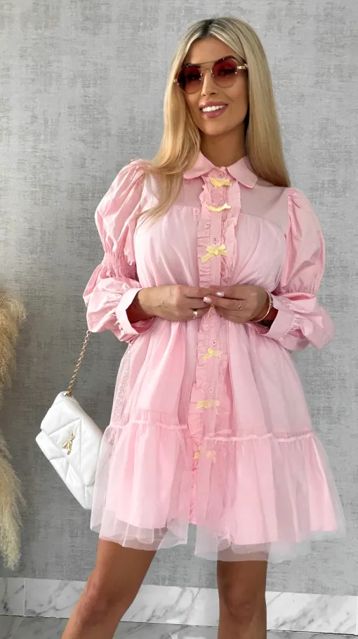 Słodka pastelowa sukienka z tiulem i kokardkami ONE SIZE pink - R478