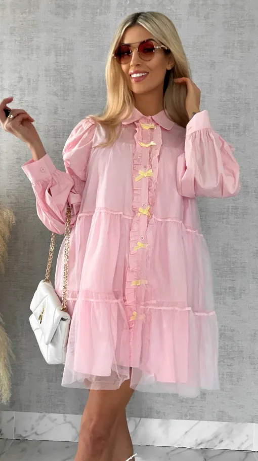 Słodka pastelowa sukienka z tiulem i kokardkami ONE SIZE pink - R478