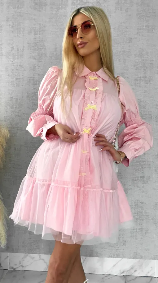 Słodka pastelowa sukienka z tiulem i kokardkami ONE SIZE pink - R478