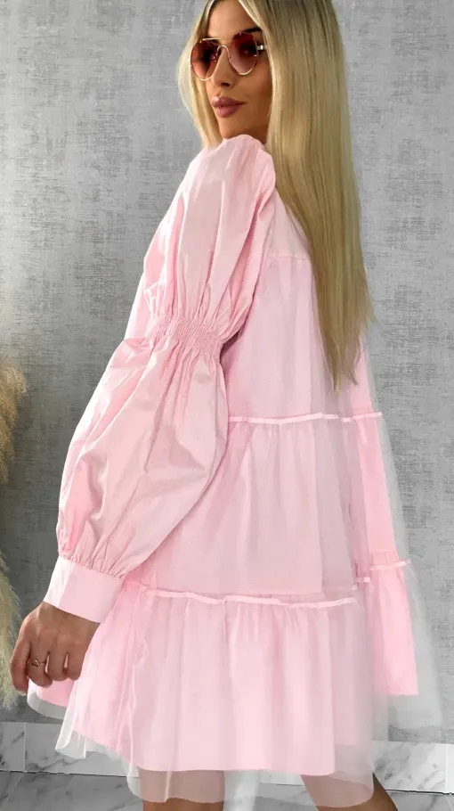 Słodka pastelowa sukienka z tiulem i kokardkami ONE SIZE pink - R478