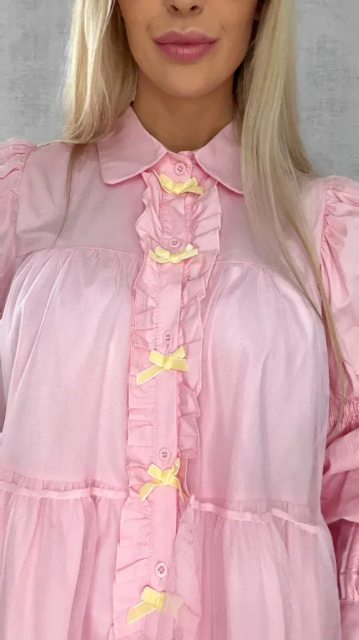 Słodka pastelowa sukienka z tiulem i kokardkami ONE SIZE pink - R478