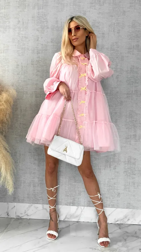 Słodka pastelowa sukienka z tiulem i kokardkami ONE SIZE pink - R478