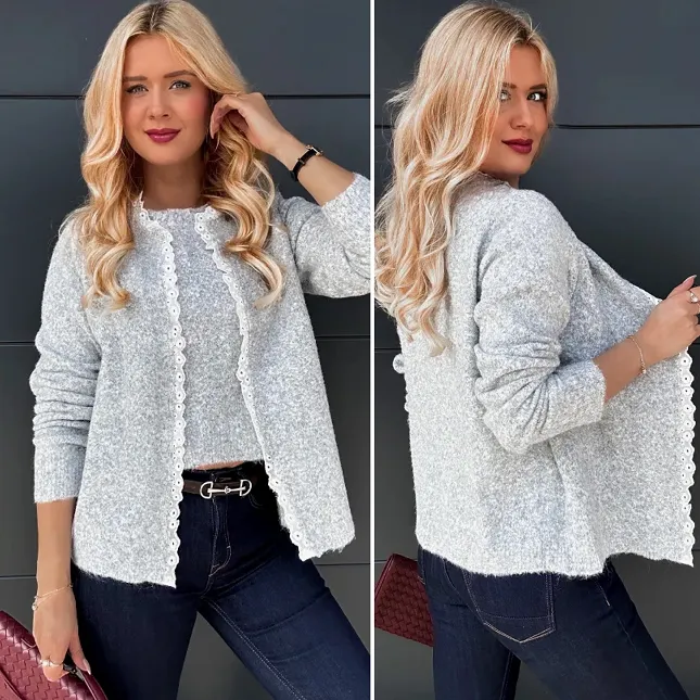 Niespotykany podwójny sweter z białą koronką ONE SIZE szary - P951A