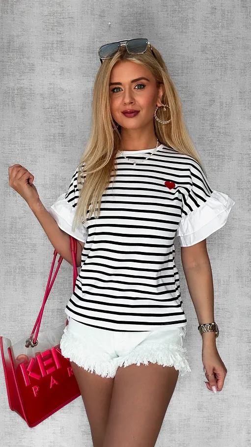 Bluzka t-shirt w paski zdobiona czerwonym sercem ONE SIZE - P768