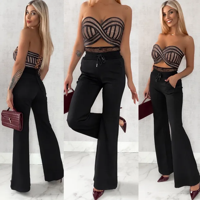 Bawełniane spodnie dresowe z koronkowym pasem CZARNE - R468