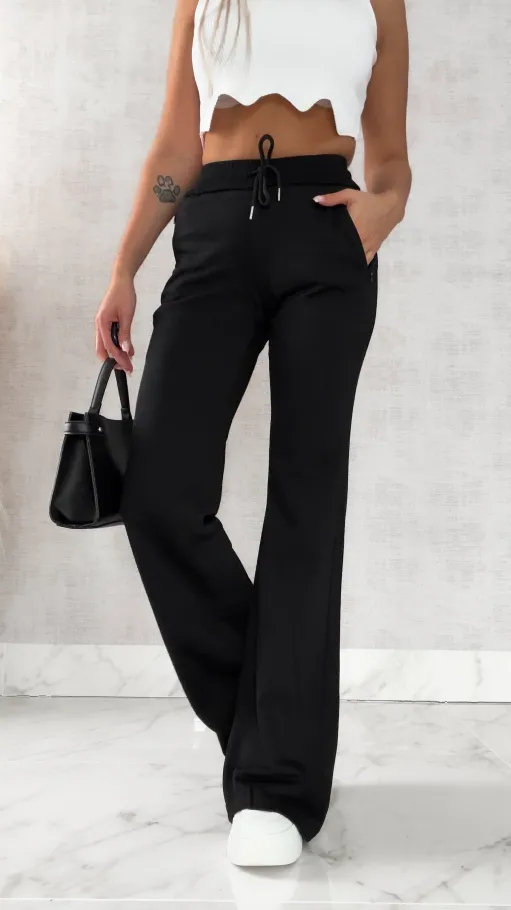 Bawełniane spodnie dresowe z koronkowym pasem CZARNE - R468