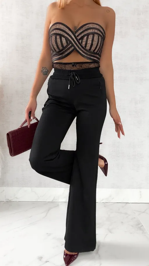 Bawełniane spodnie dresowe z koronkowym pasem CZARNE - R468