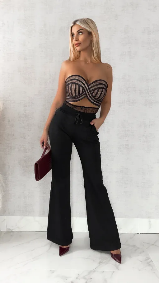 Bawełniane spodnie dresowe z koronkowym pasem CZARNE - R468