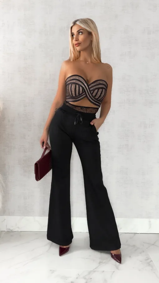 Bawełniane spodnie dresowe z koronkowym pasem CZARNE - R468