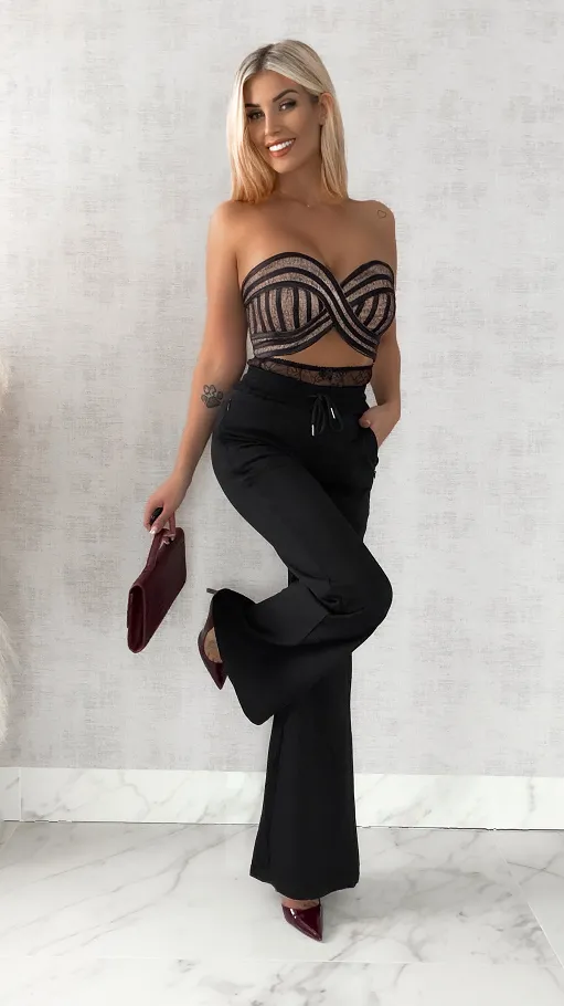 Bawełniane spodnie dresowe z koronkowym pasem CZARNE - R468