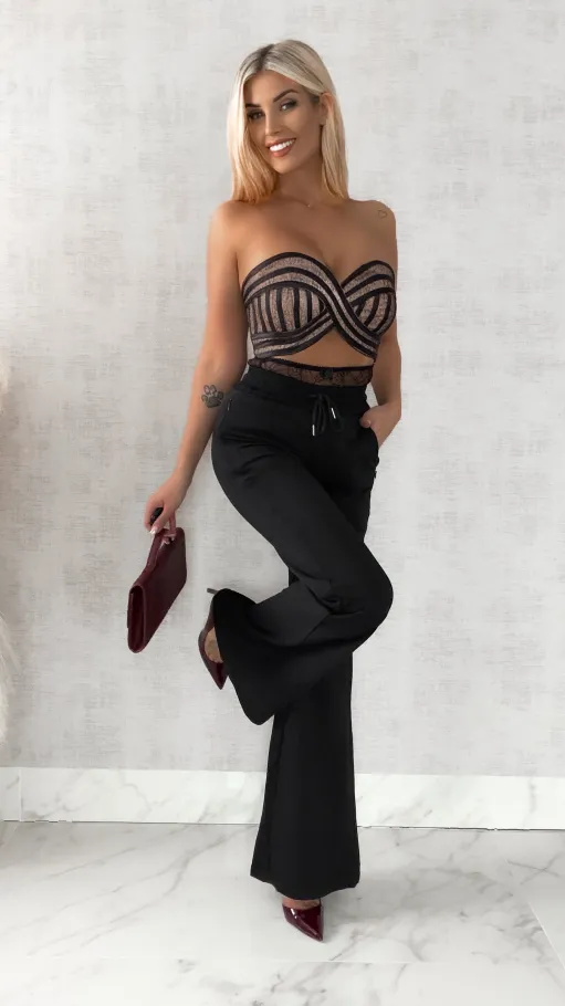 Bawełniane spodnie dresowe z koronkowym pasem CZARNE - R468