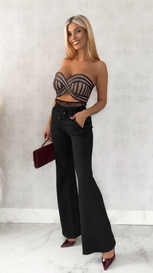 Bawełniane spodnie dresowe z koronkowym pasem CZARNE - R468