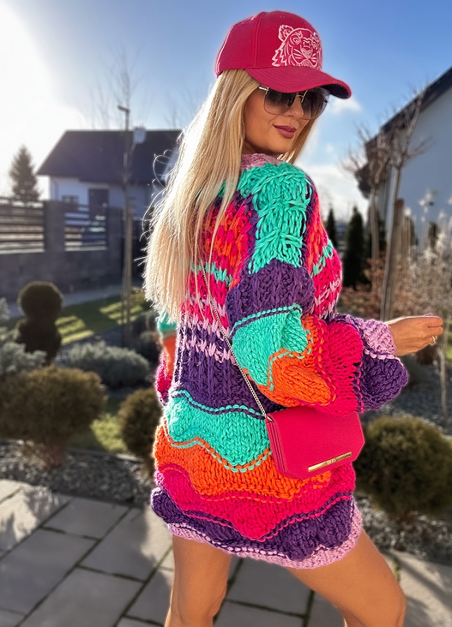 Ekstra PREMIUM sweter TUNIKA multi kolor grubo pleciony - M727