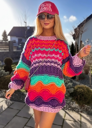 Ekstra PREMIUM sweter TUNIKA multi kolor grubo pleciony - M727