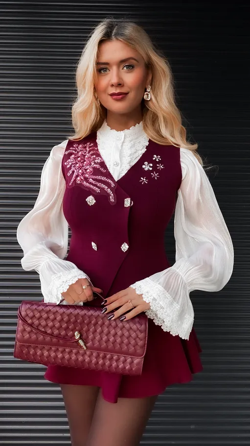 Elegancka dzianinowa kamizelka zapiana na butony ONE SIZE bordo - R371