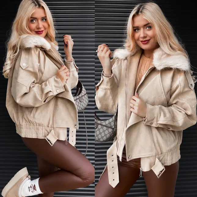 Beżowa kurtka zamszowa z futerkiem ONE SIZE - R324A