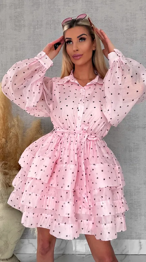 Słodka jedwabna sukienka w serduszka ONE SIZE pastelowy róż - R705A