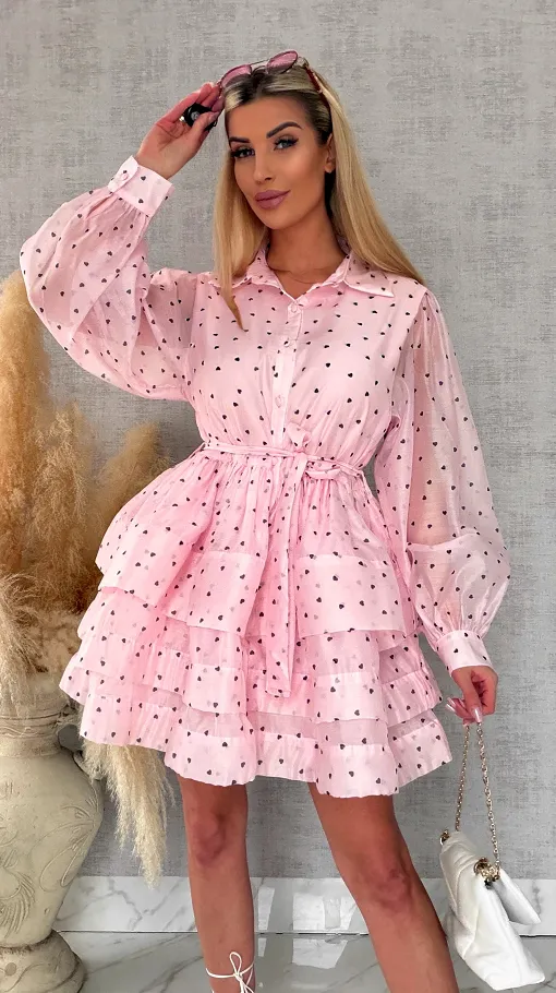 Słodka jedwabna sukienka w serduszka ONE SIZE pastelowy róż - R705A