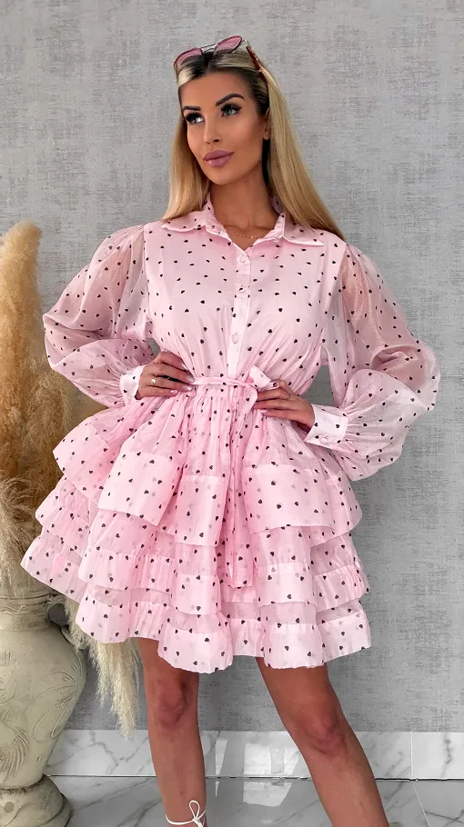 Słodka jedwabna sukienka w serduszka ONE SIZE pastelowy róż - R705A