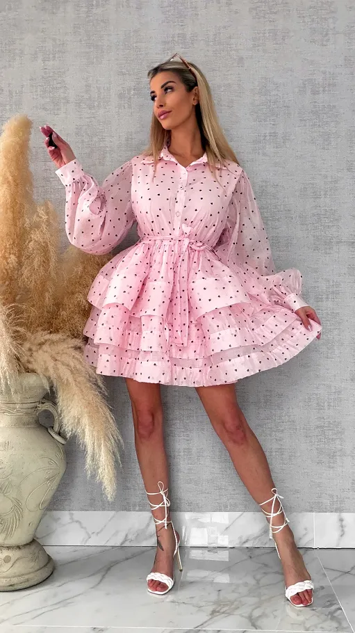 Słodka jedwabna sukienka w serduszka ONE SIZE pastelowy róż - R705A