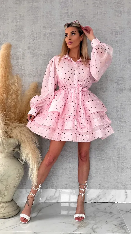 Słodka jedwabna sukienka w serduszka ONE SIZE pastelowy róż - R705A