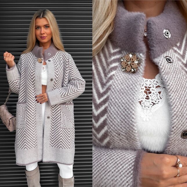 Modny wełniany płaszcz ALPAKA w jodełkę ONE SIZE - S609