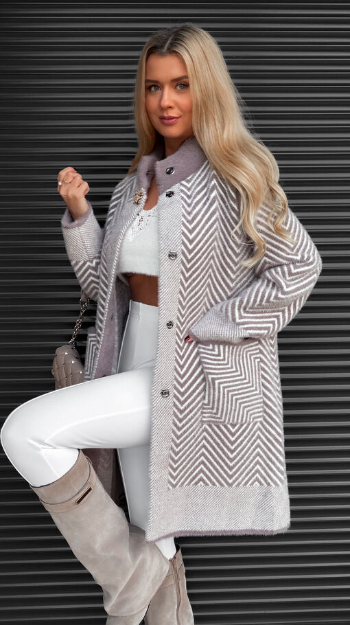Modny wełniany płaszcz ALPAKA w jodełkę ONE SIZE - S609