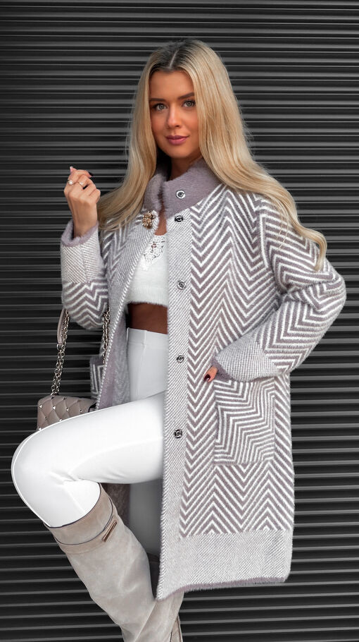 Modny wełniany płaszcz ALPAKA w jodełkę ONE SIZE - S609