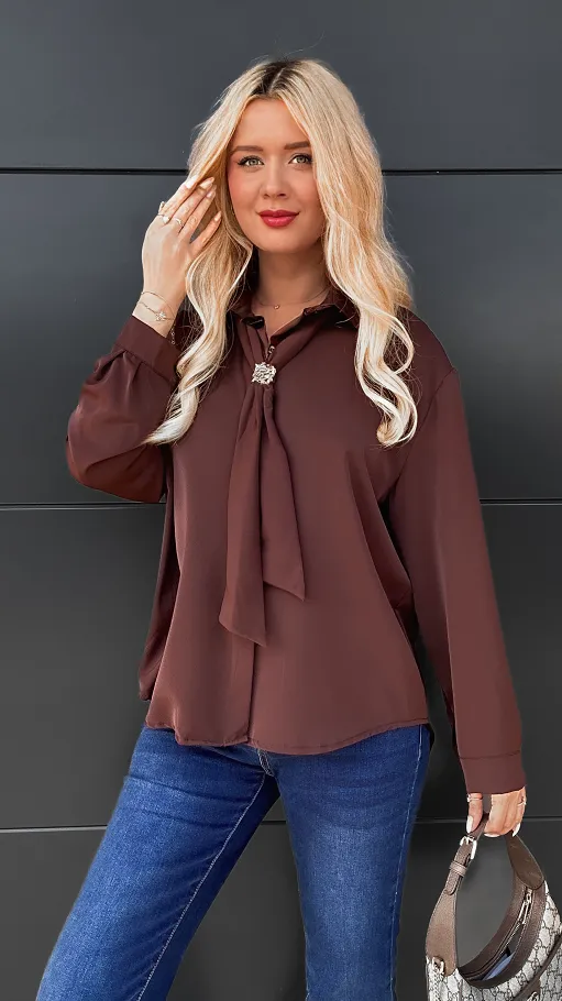 Brązowa elegancka koszula z krawatką ONE SIZE - R102B