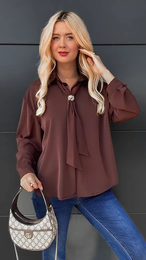 Brązowa elegancka koszula z krawatką ONE SIZE - R102B