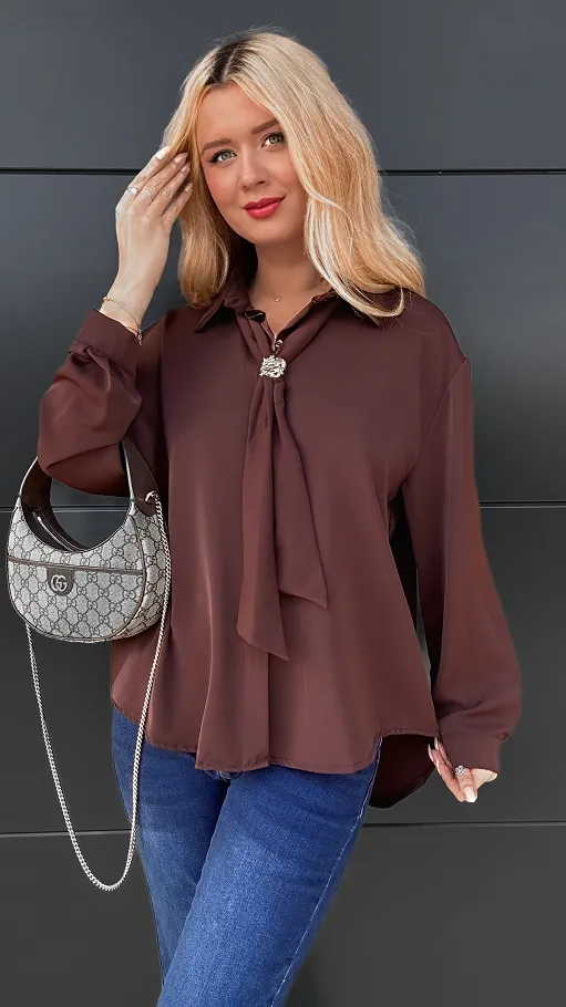 Brązowa elegancka koszula z krawatką ONE SIZE - R102B