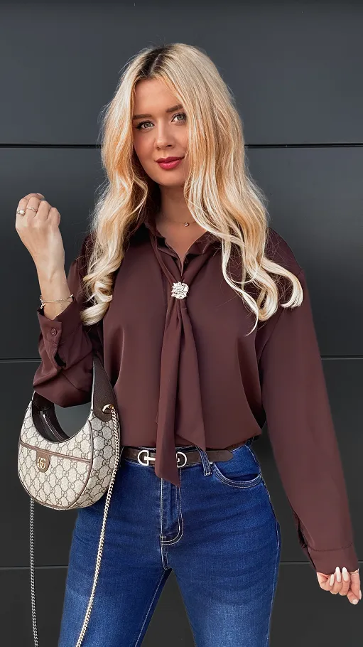 Brązowa elegancka koszula z krawatką ONE SIZE - R102B