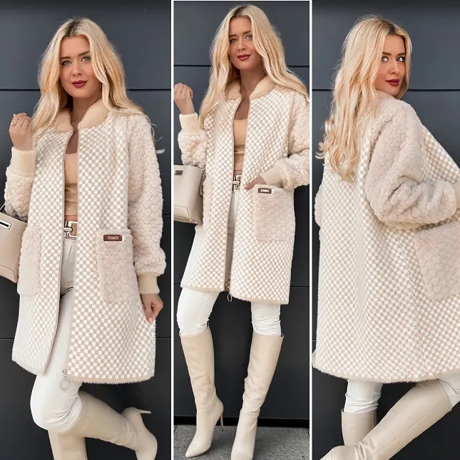 Ekskluzywny płaszcz ALPAKA w szachownicę BEŻ - R057A