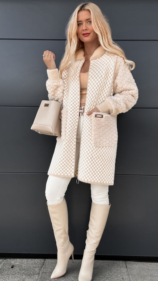 Ekskluzywny płaszcz ALPAKA w szachownicę BEŻ - R057A