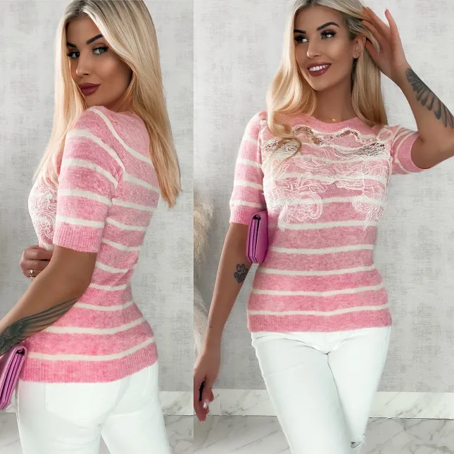 Ekstra modny sweter w paski z koronką i krótkim rękawem ONE SIZE - P076A