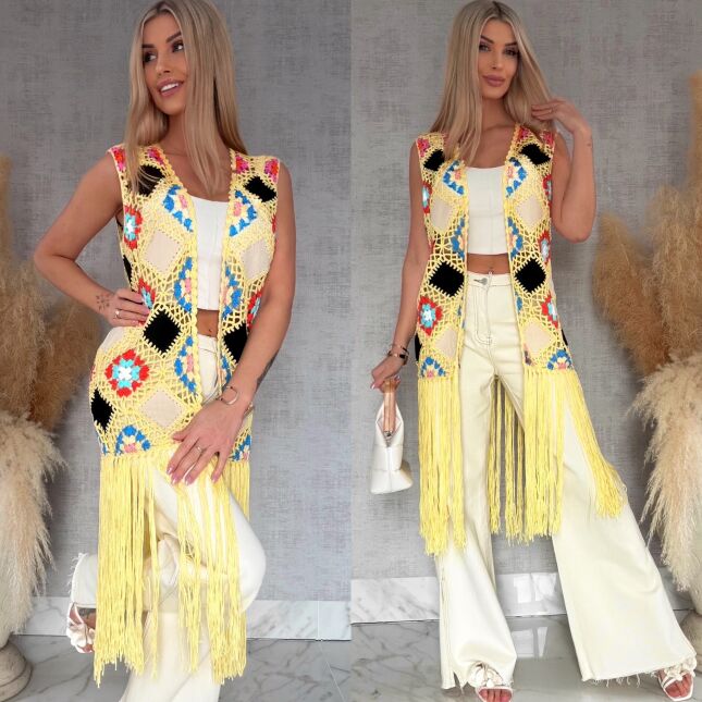 Oryginalna żółta narzutka BOHO kamizelka z frędzlami ONE SIZE - R701