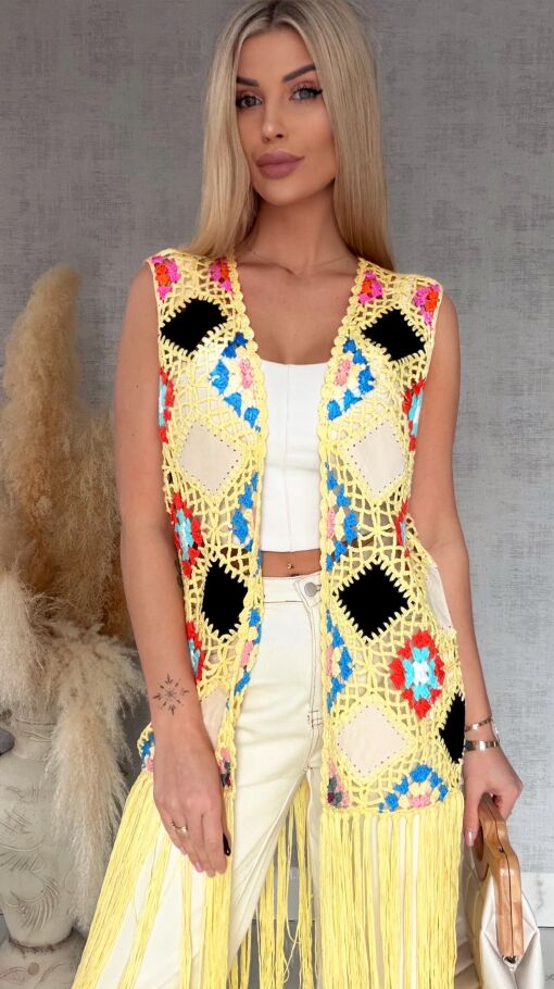 Oryginalna żółta narzutka BOHO kamizelka z frędzlami ONE SIZE - R701