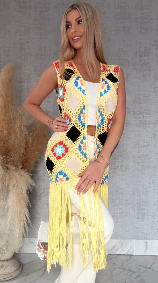 Oryginalna żółta narzutka BOHO kamizelka z frędzlami ONE SIZE - R701
