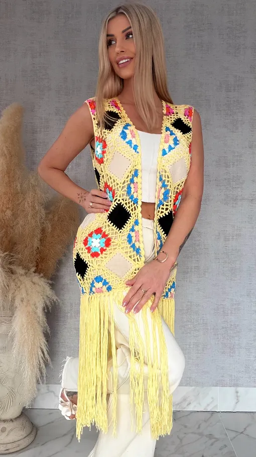 Oryginalna żółta narzutka BOHO kamizelka z frędzlami ONE SIZE - R701