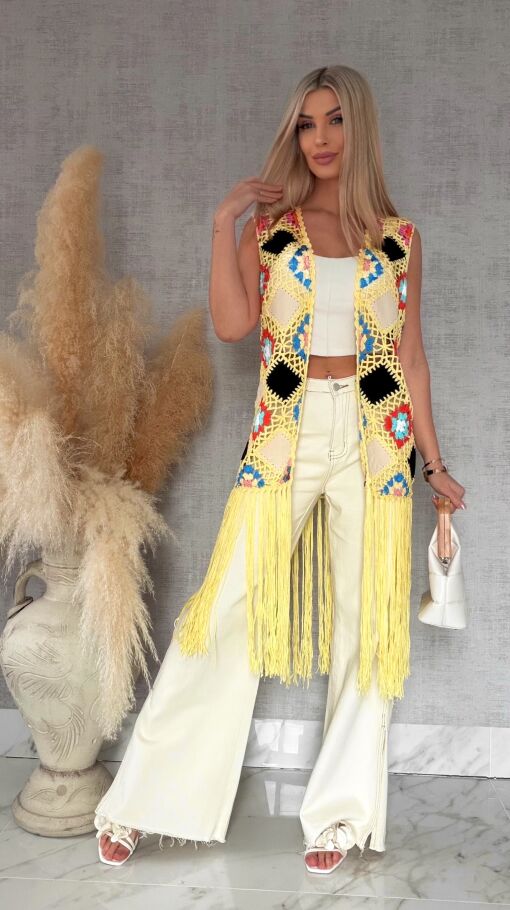 Oryginalna żółta narzutka BOHO kamizelka z frędzlami ONE SIZE - R701