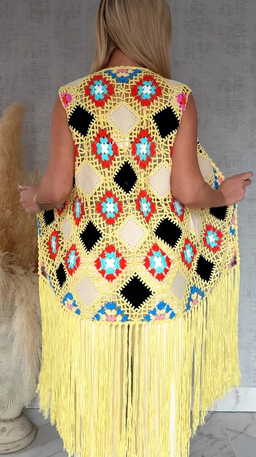 Oryginalna żółta narzutka BOHO kamizelka z frędzlami ONE SIZE - R701