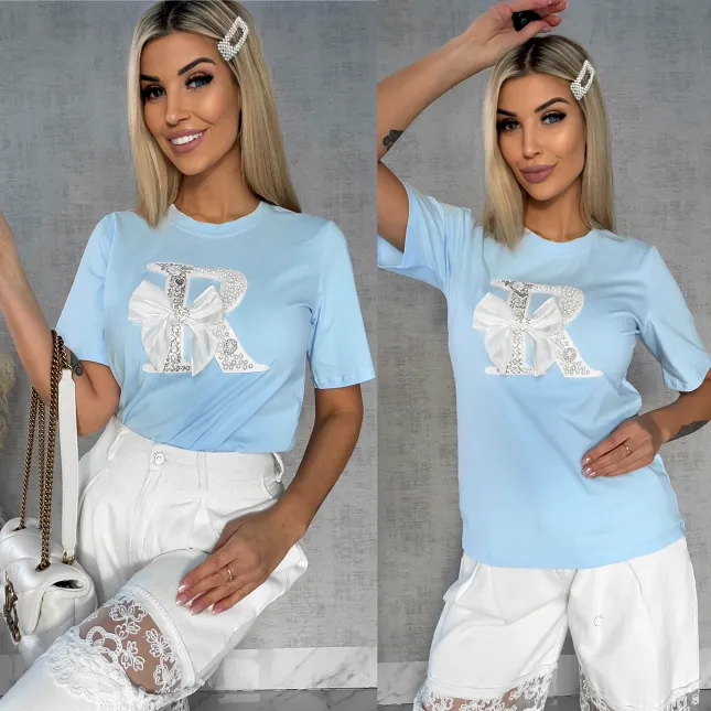 Błękitna bluzka T-SHIRT bogato zdobiony perełkami i cyrkoniami - R508A