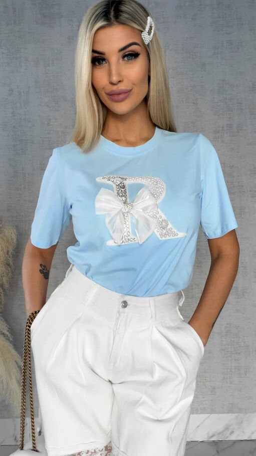 Błękitna bluzka T-SHIRT bogato zdobiony perełkami i cyrkoniami - R508A