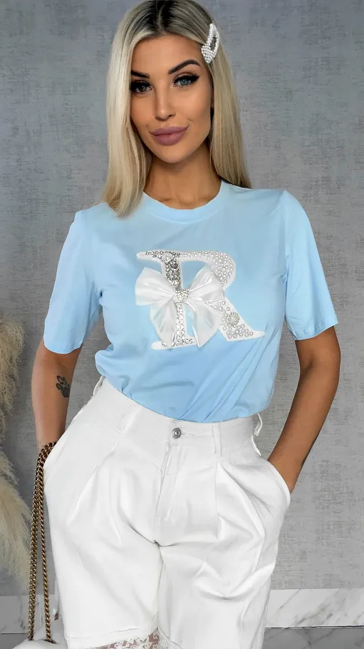 Błękitna bluzka T-SHIRT bogato zdobiony perełkami i cyrkoniami - R508A