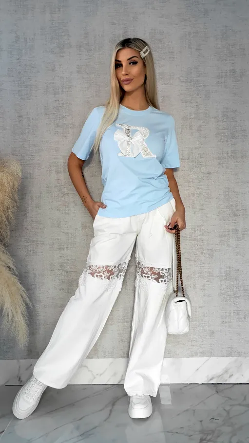 Błękitna bluzka T-SHIRT bogato zdobiony perełkami i cyrkoniami - R508A