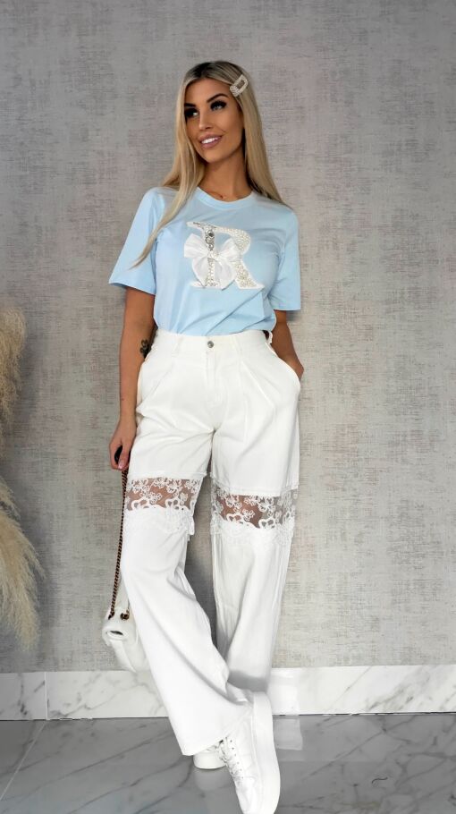 Błękitna bluzka T-SHIRT bogato zdobiony perełkami i cyrkoniami - R508A