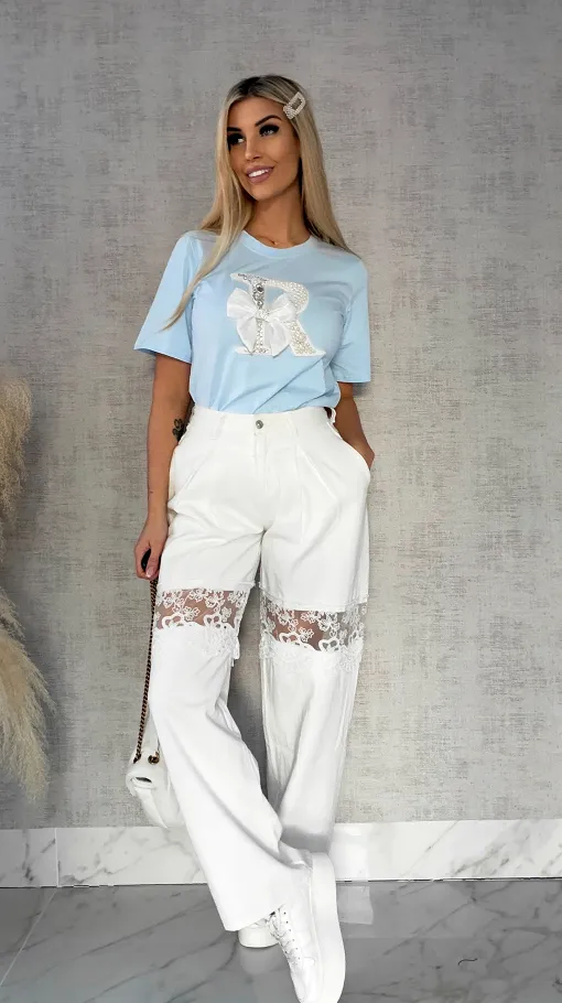 Błękitna bluzka T-SHIRT bogato zdobiony perełkami i cyrkoniami - R508A