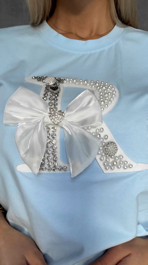 Błękitna bluzka T-SHIRT bogato zdobiony perełkami i cyrkoniami - R508A